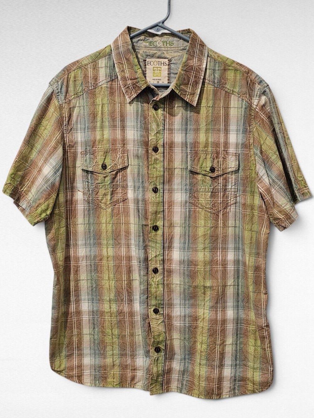 Ecoths Plaid Button Up Short Sleeve Shirt 100% Organic Cotton Size XL